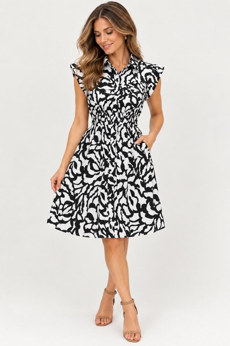 Monteau Los Angeles Black & White Floral Button Front Midi Dress Women’s M
